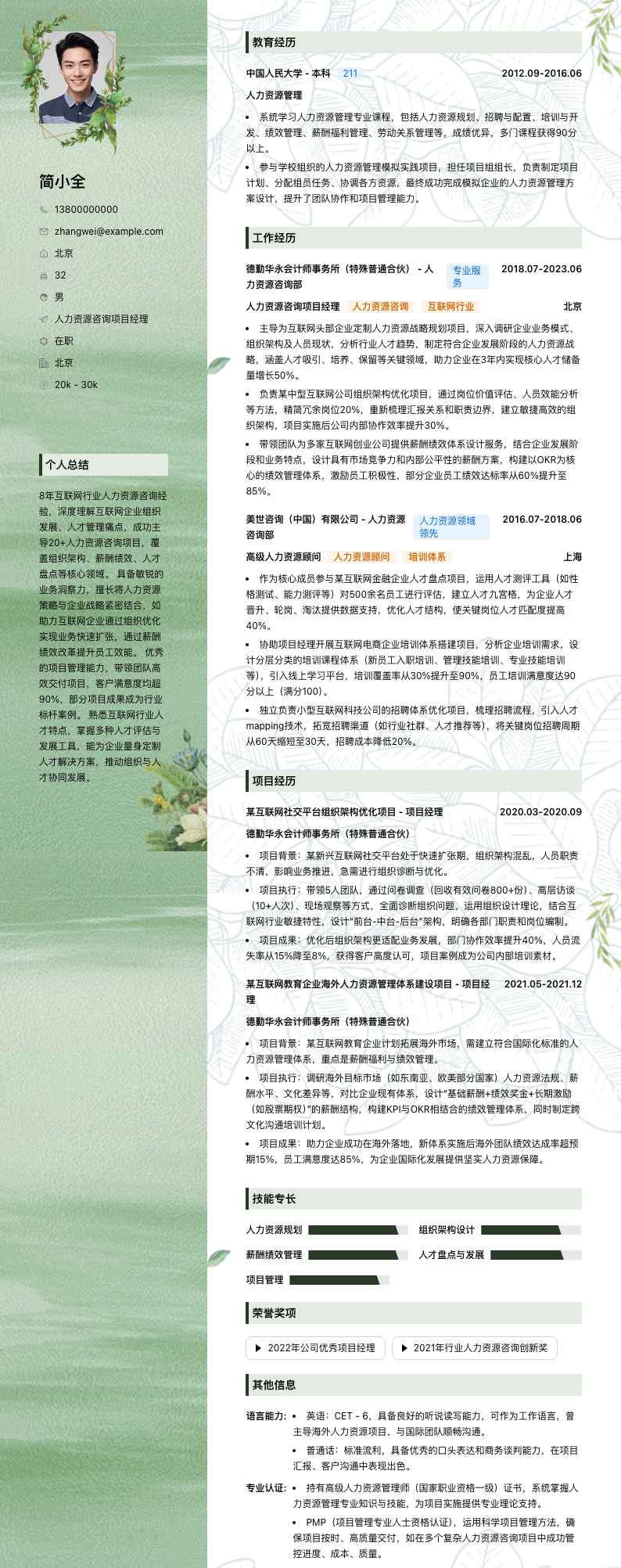 人力资源咨询项目经理简历模板