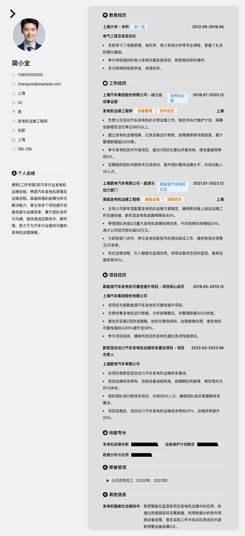 发电机运维工程师简历模板