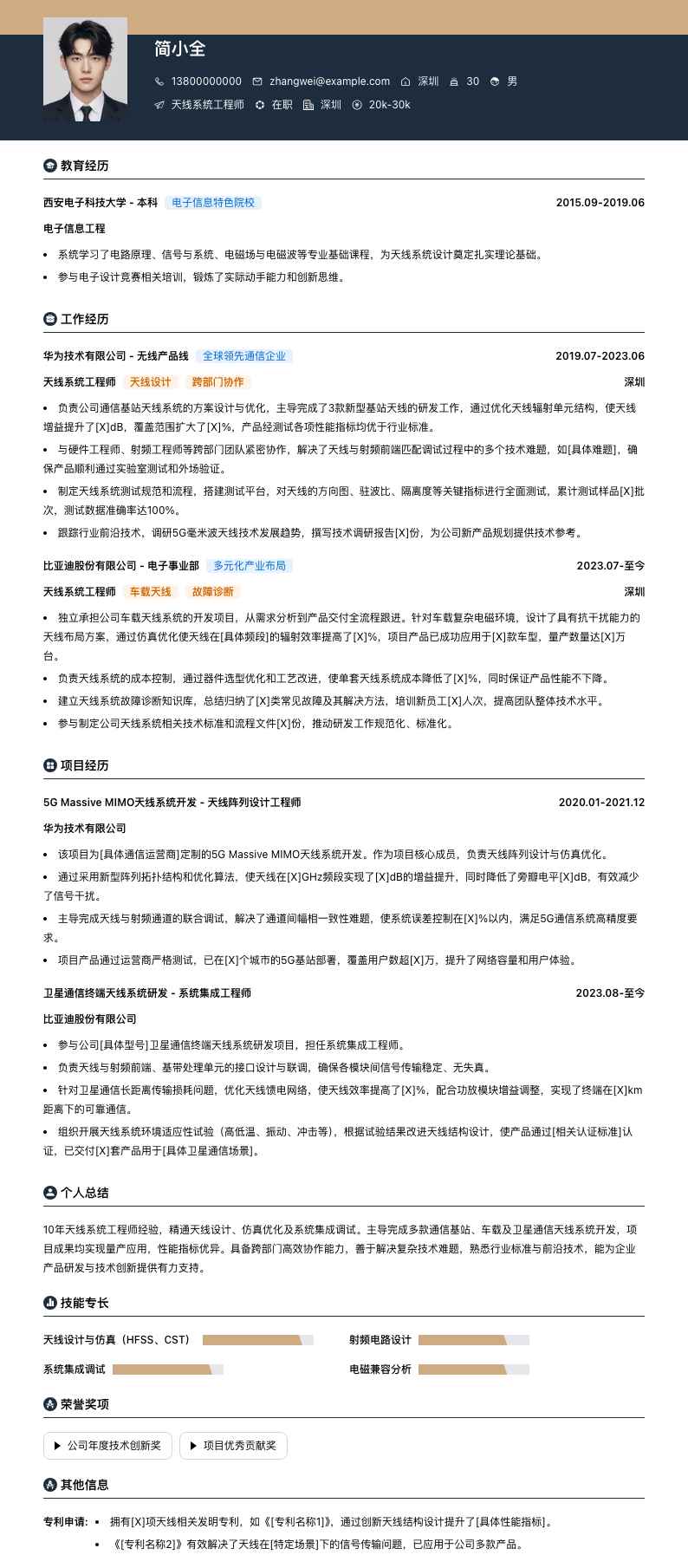 天线系统工程师简历模板