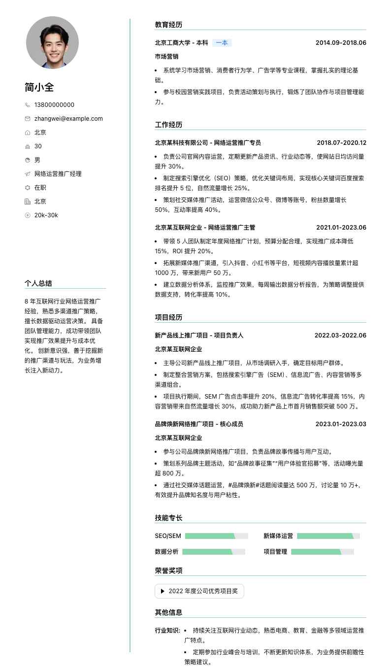 网络运营推广经理简历模板