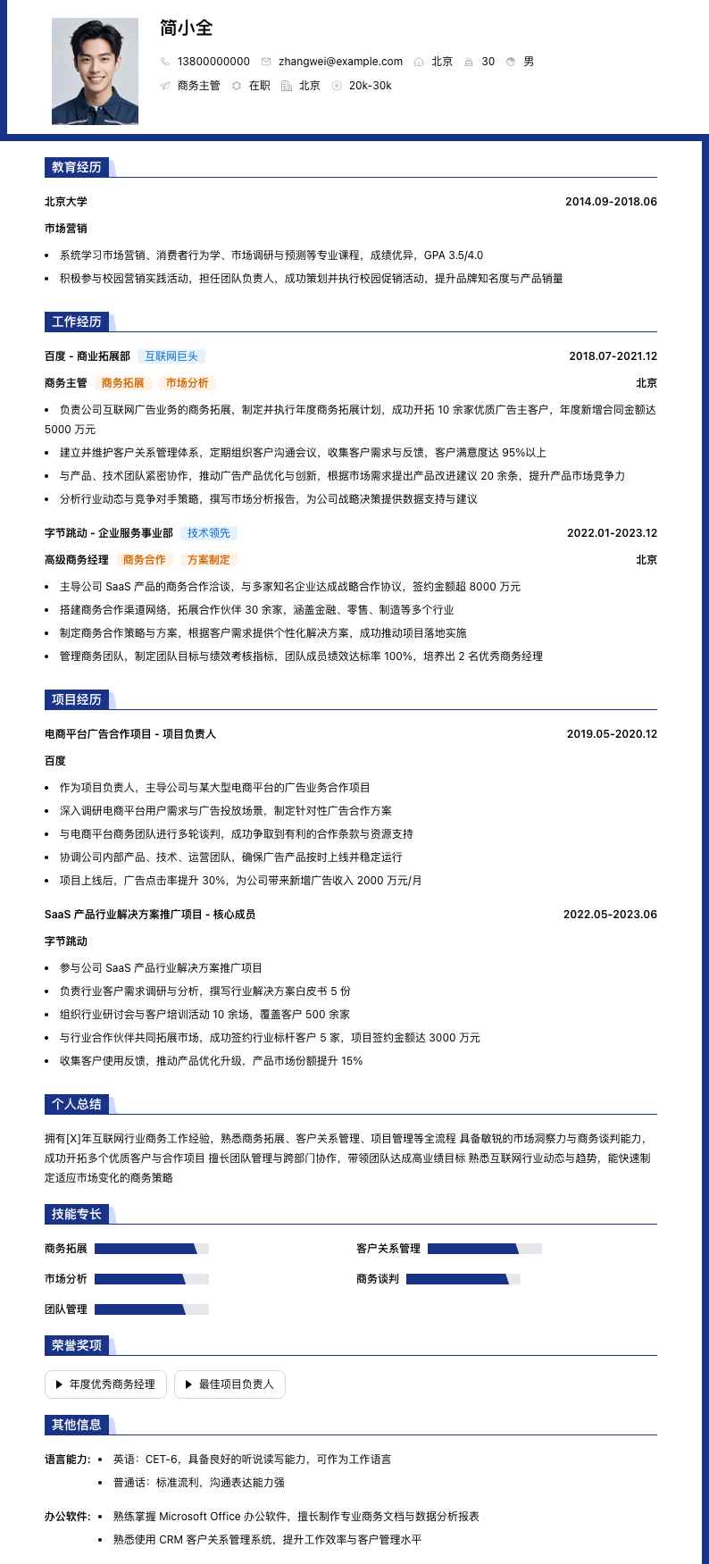 商务主管简历模板