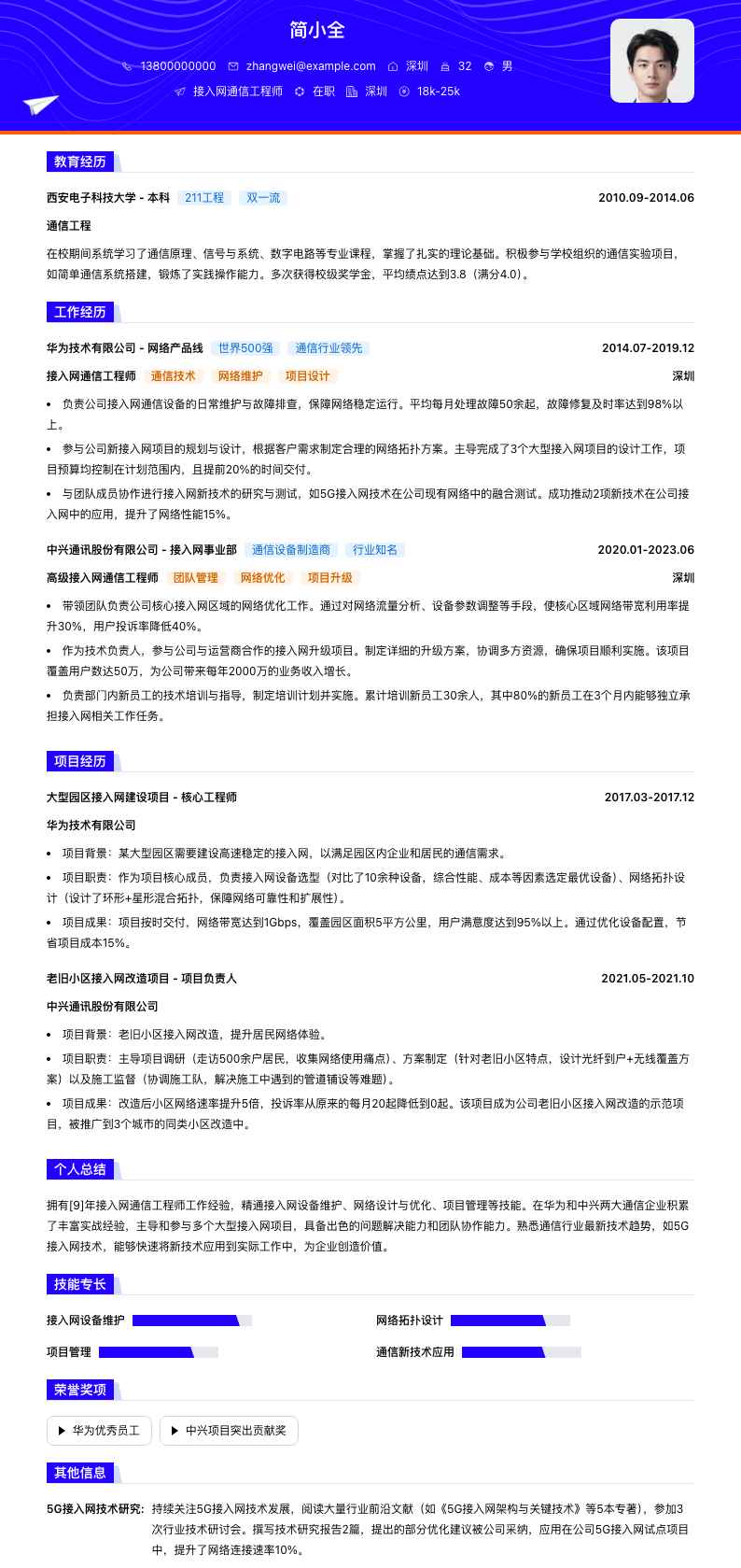 接入网通信工程师简历模板