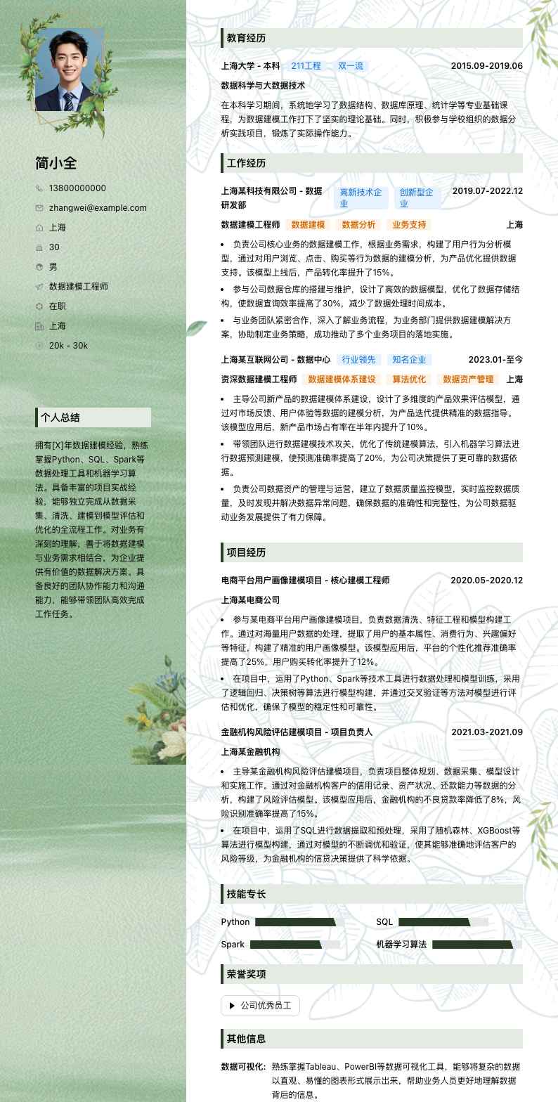 数据建模工程师简历模板