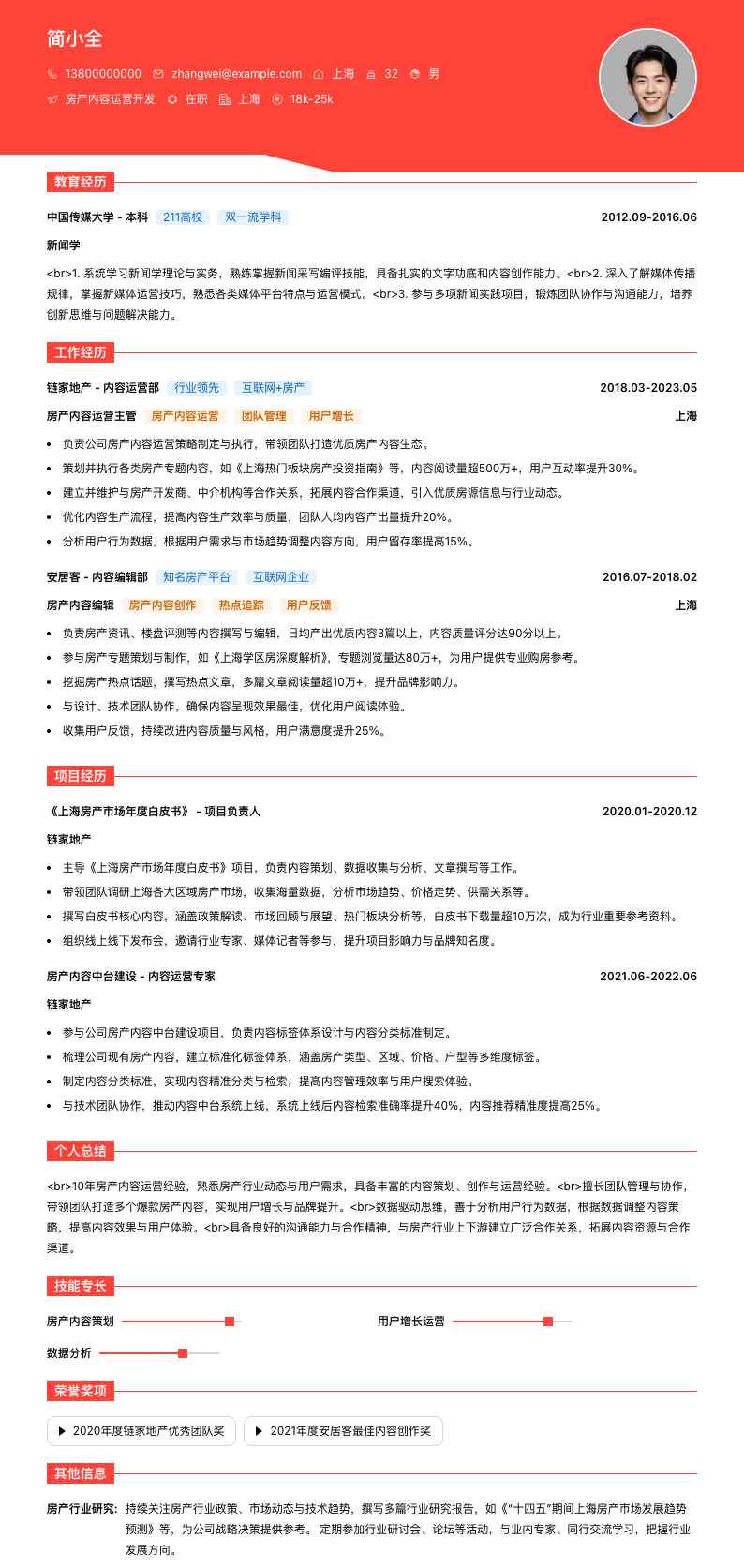 房产内容运营简历模板