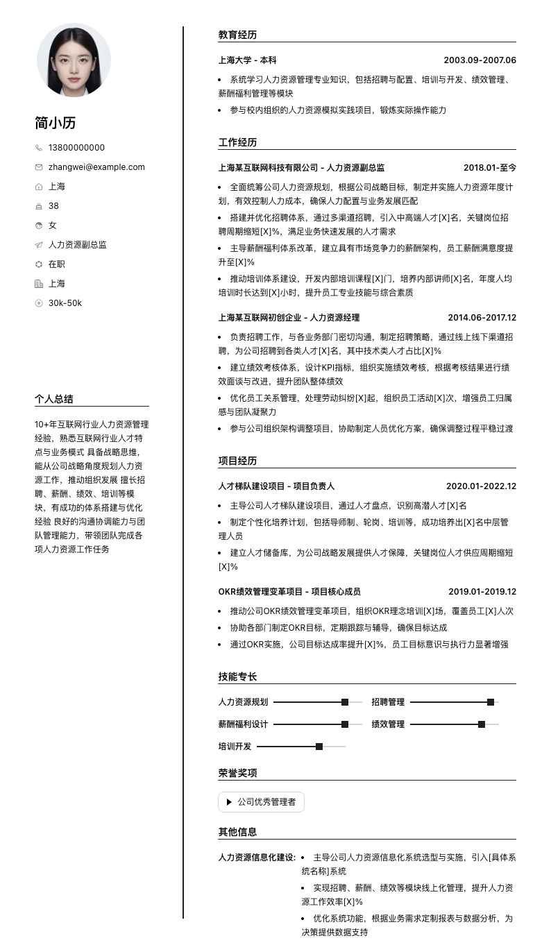 人力资源副总监简历模板