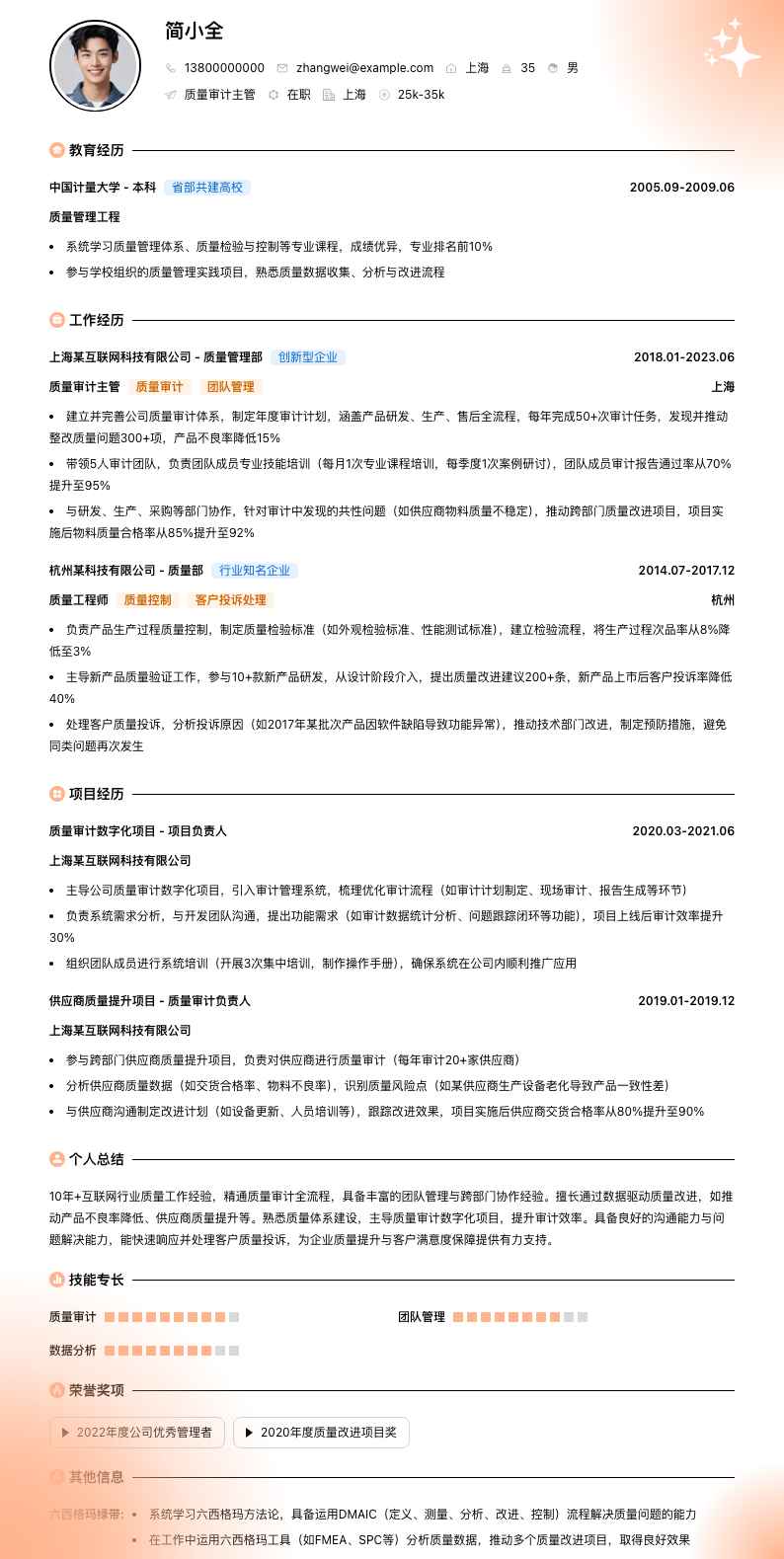 质量审计主管简历模板