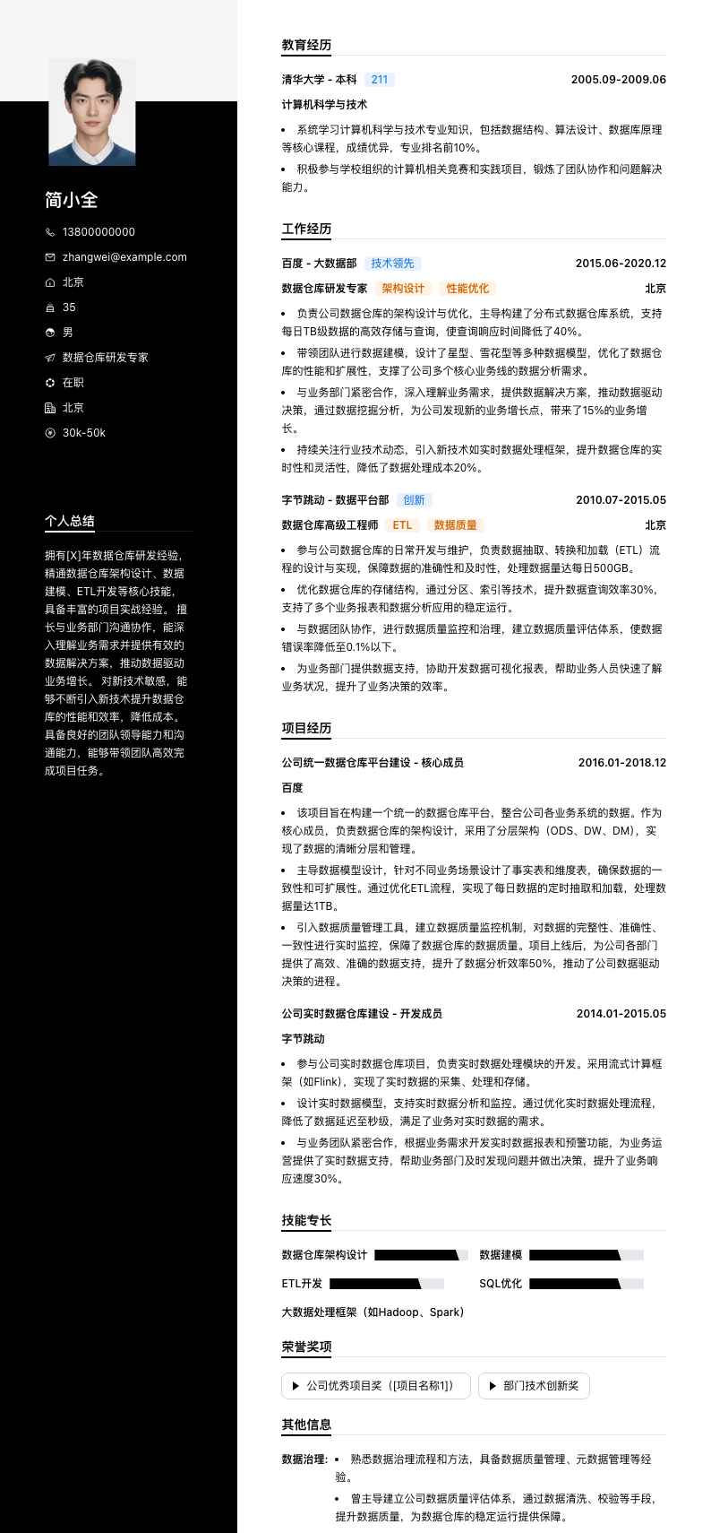 数据仓库研发专家简历模板