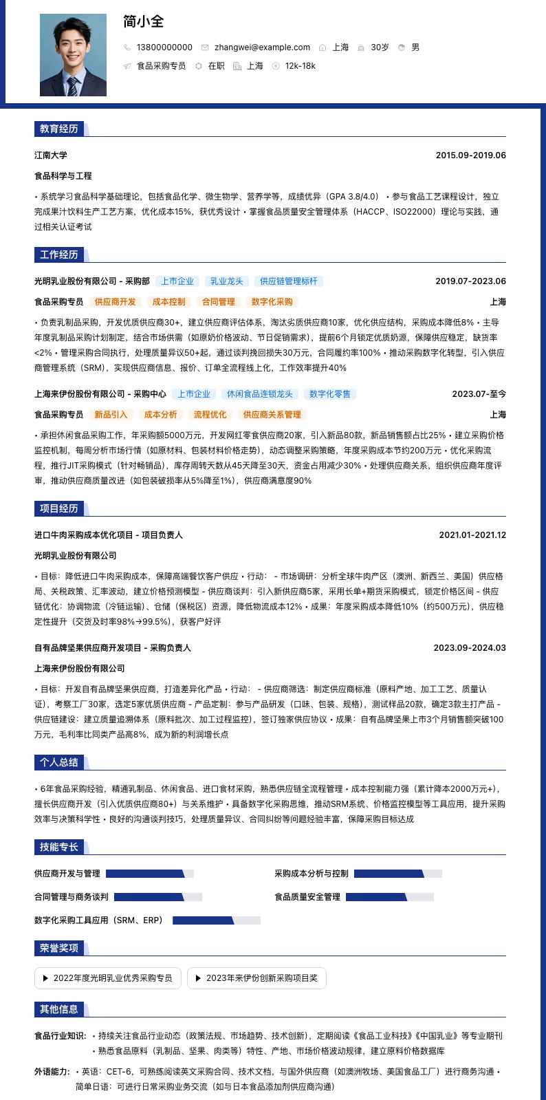 食品采购专员简历模板