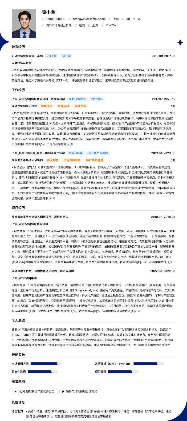海外市场调研分析师简历模板