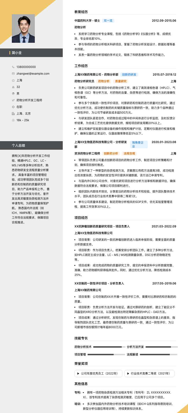 药物分析简历模板