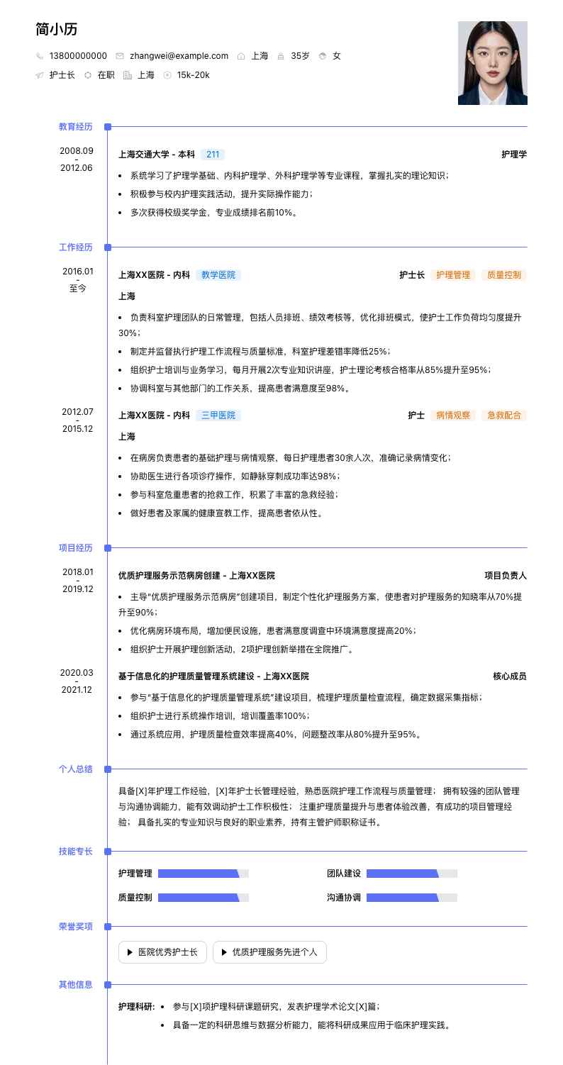 护士长简历模板