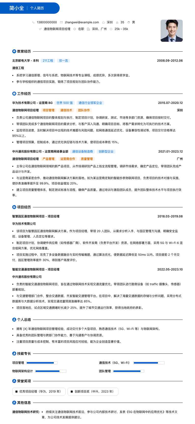 通信物联网项目经理简历模板