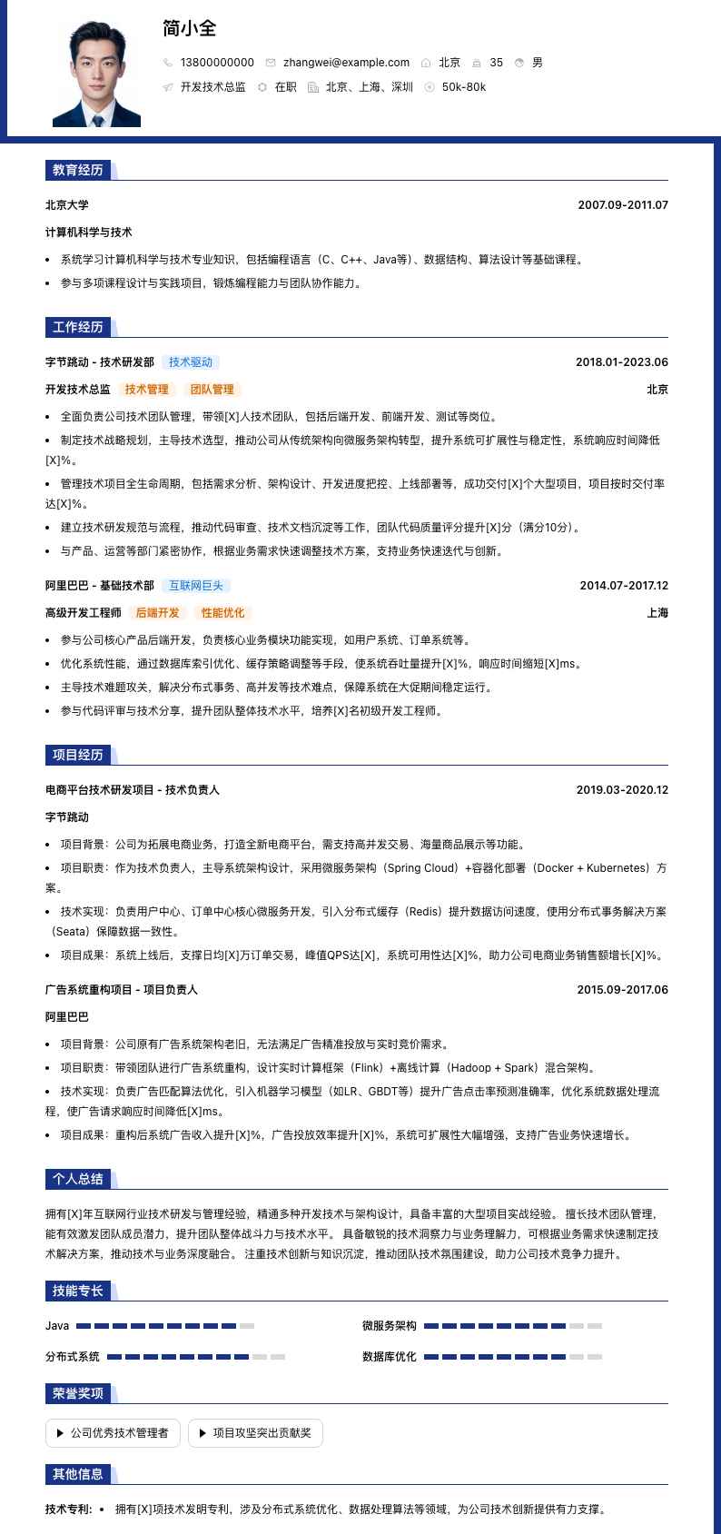 开发技术总监简历模板