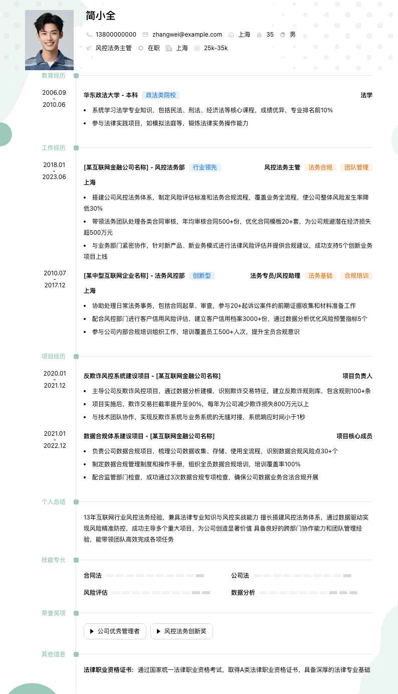 风控法务主管简历模板