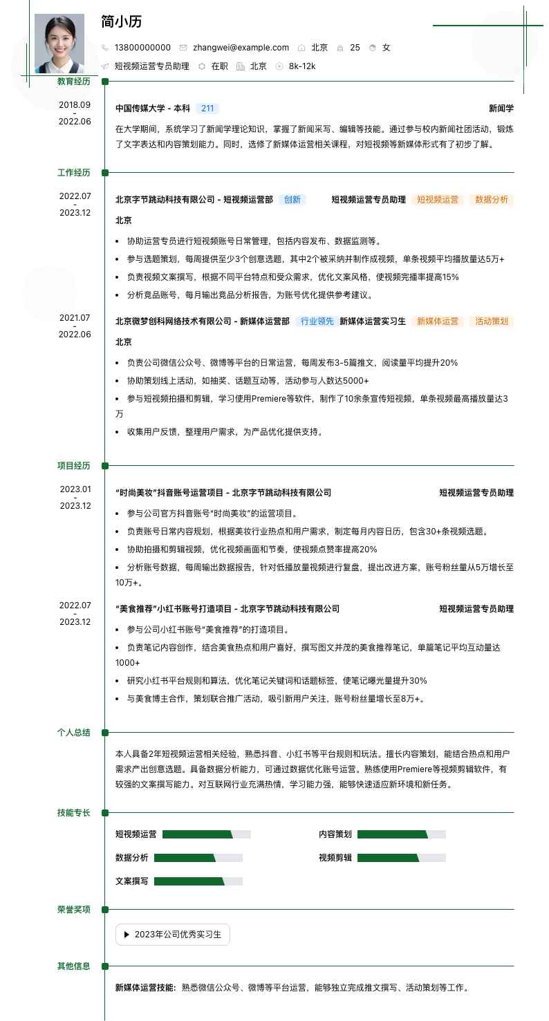 短视频运营专员助理简历模板