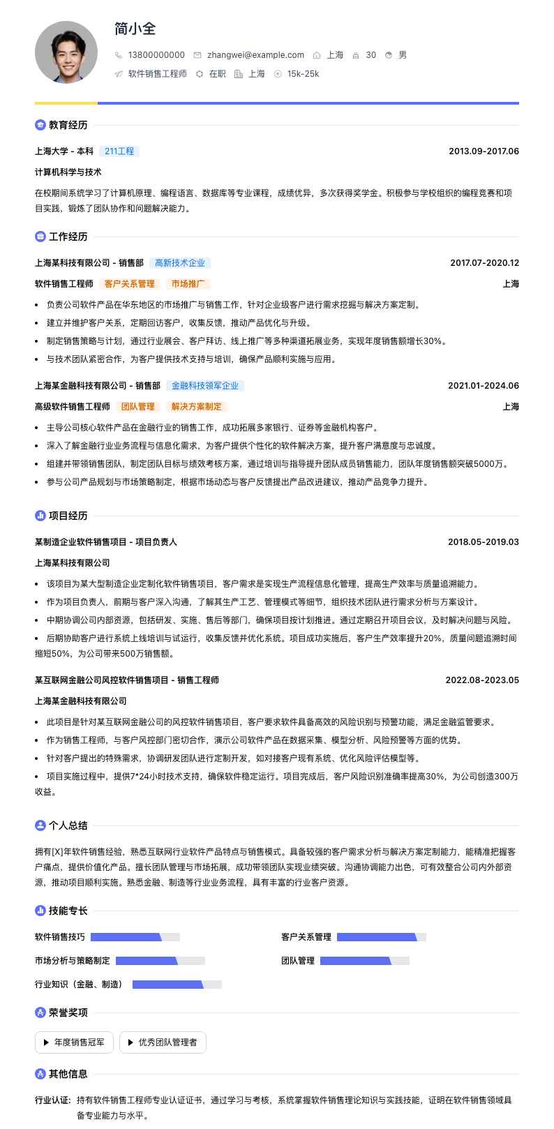 软件销售工程师简历模板