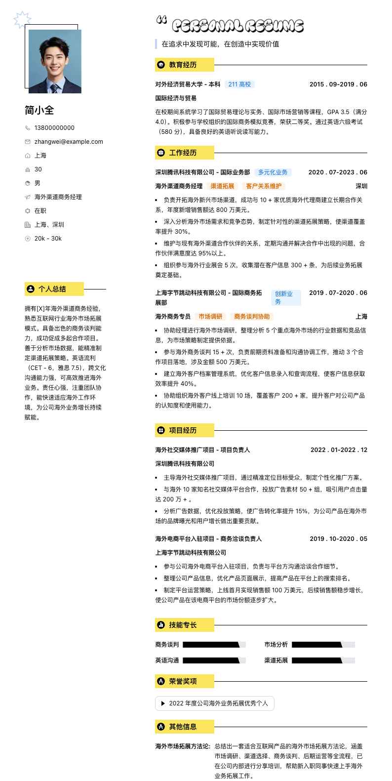 海外渠道商务经理简历模板