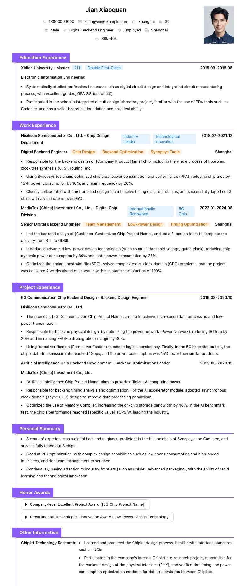 数字后端工程师简历模板