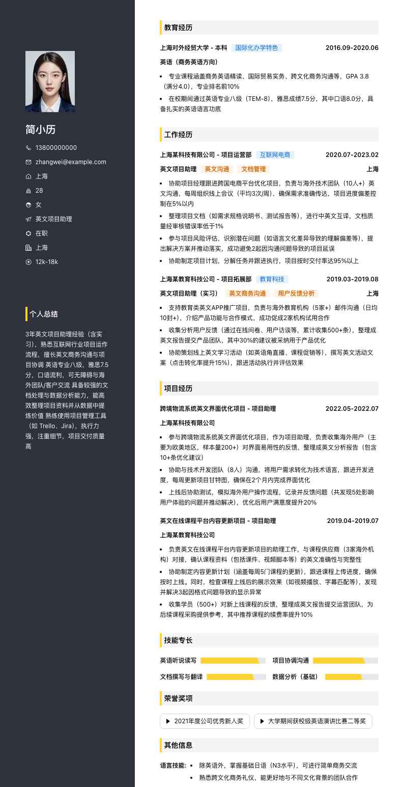 英文项目助理简历模板