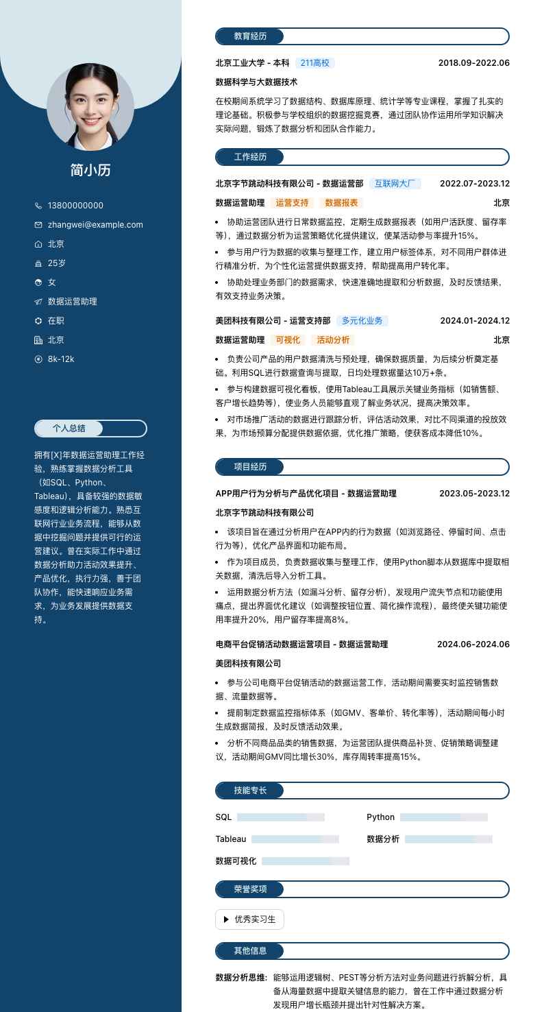 数据运营助理简历模板