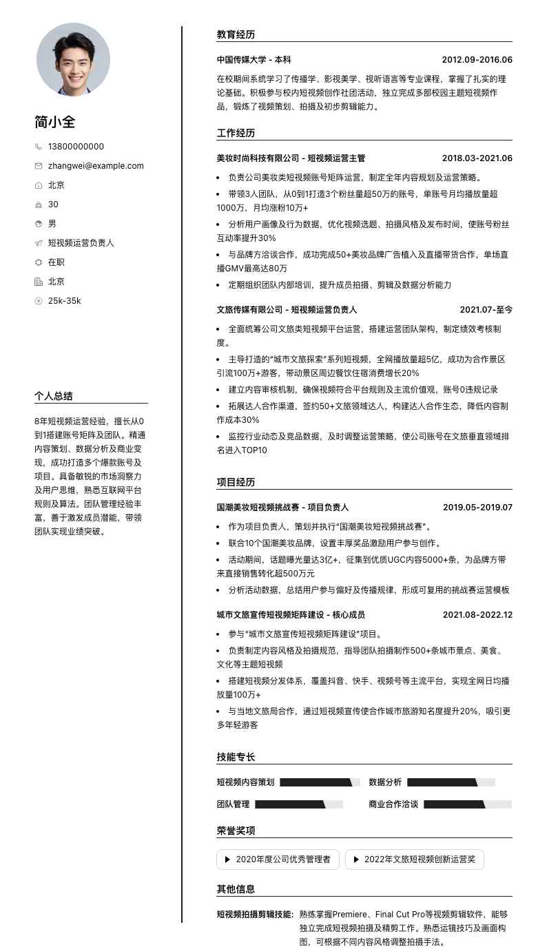 短视频运营负责人简历模板