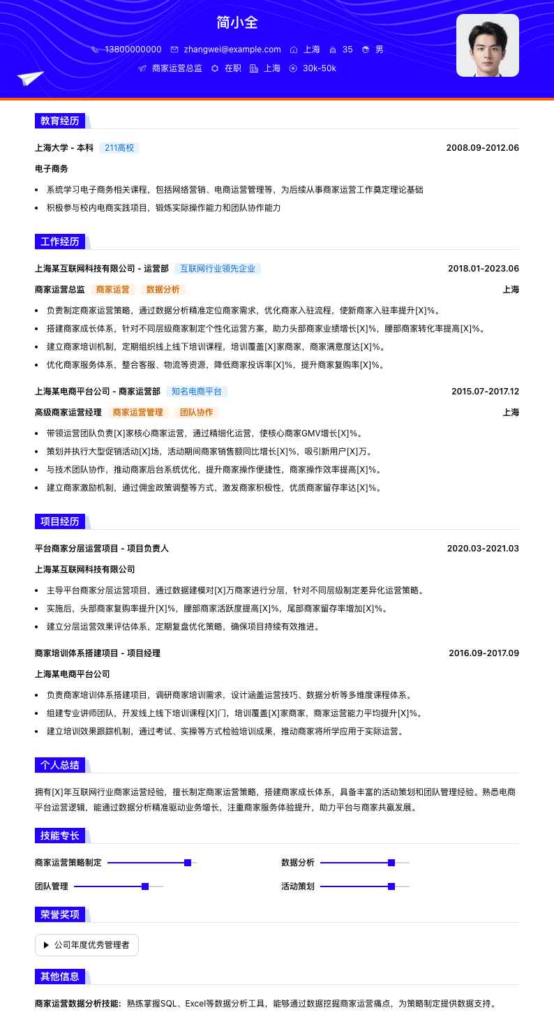 商家运营总监简历模板