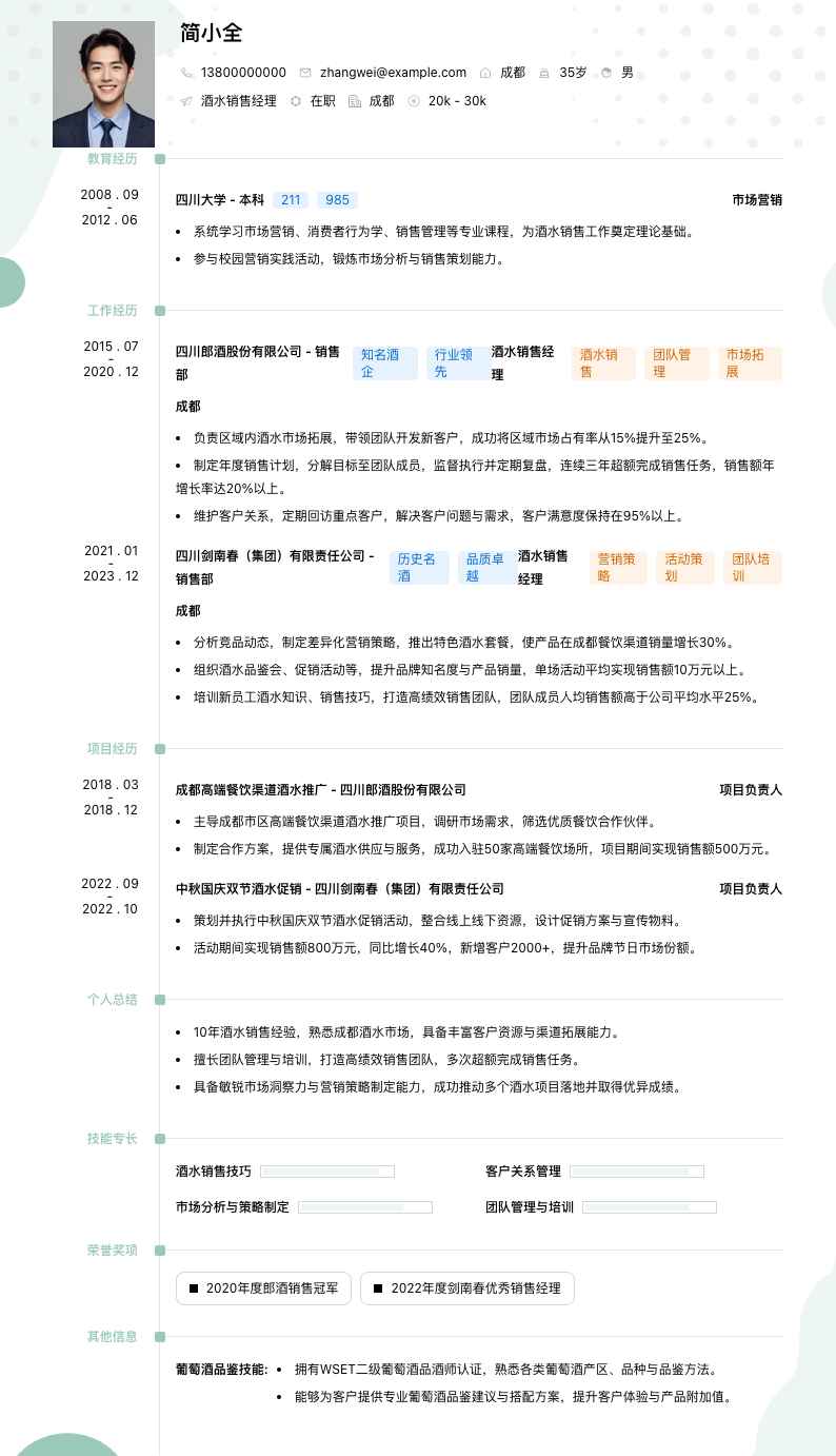 酒水销售经理简历模板