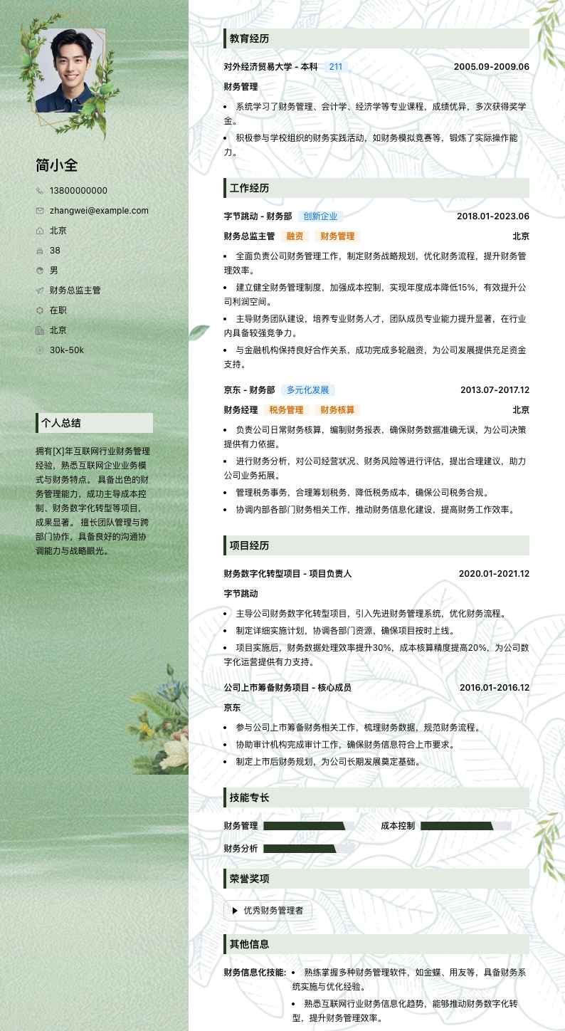 财务总监主管简历模板