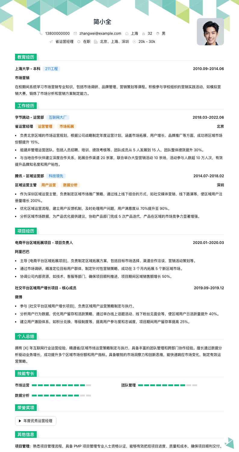 省运营经理简历模板