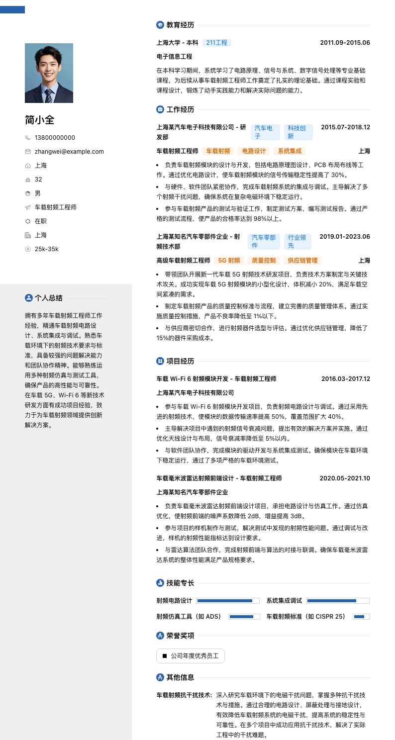 车载射频工程师简历模板