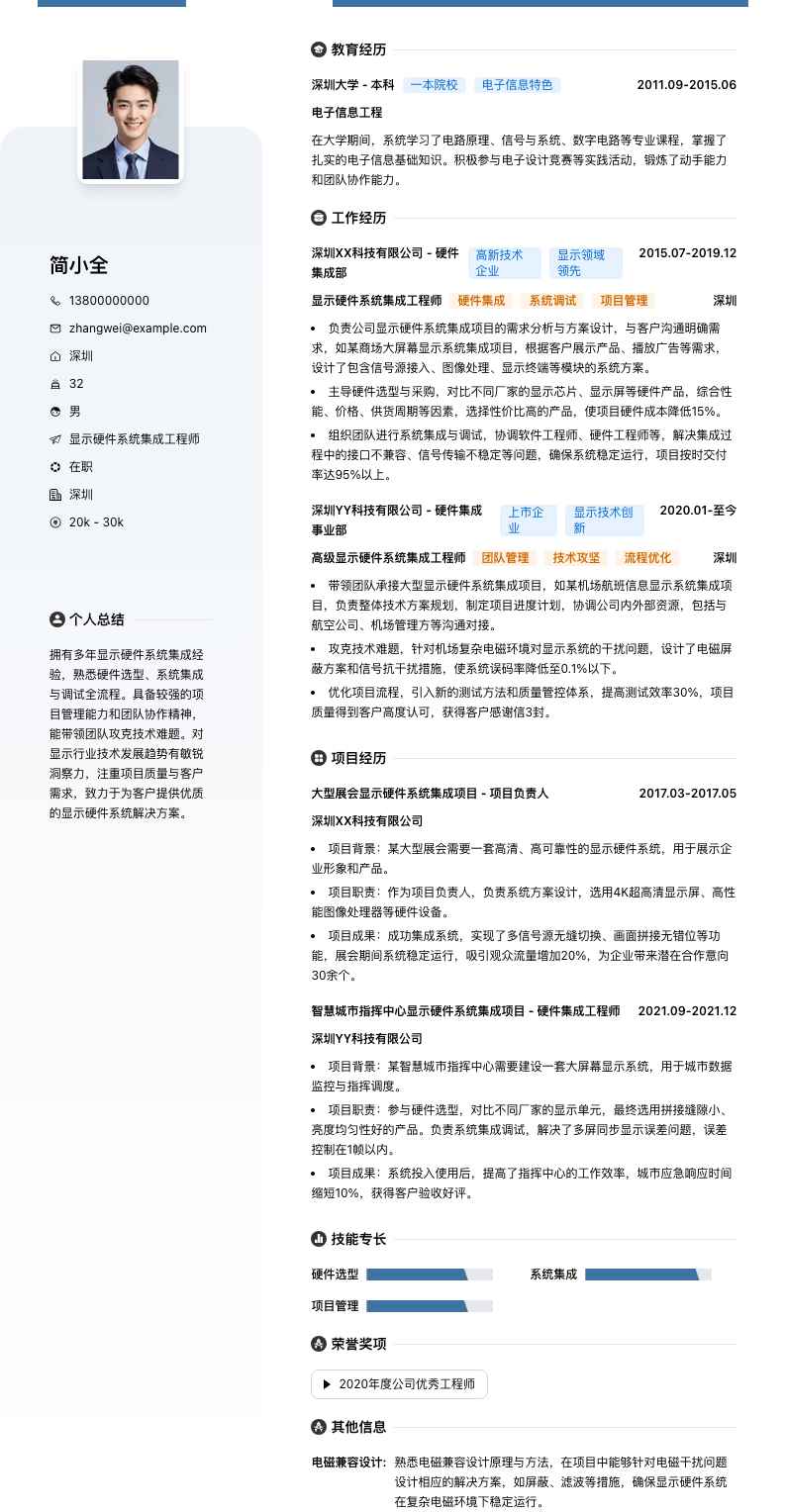 显示硬件系统集成工程师简历模板