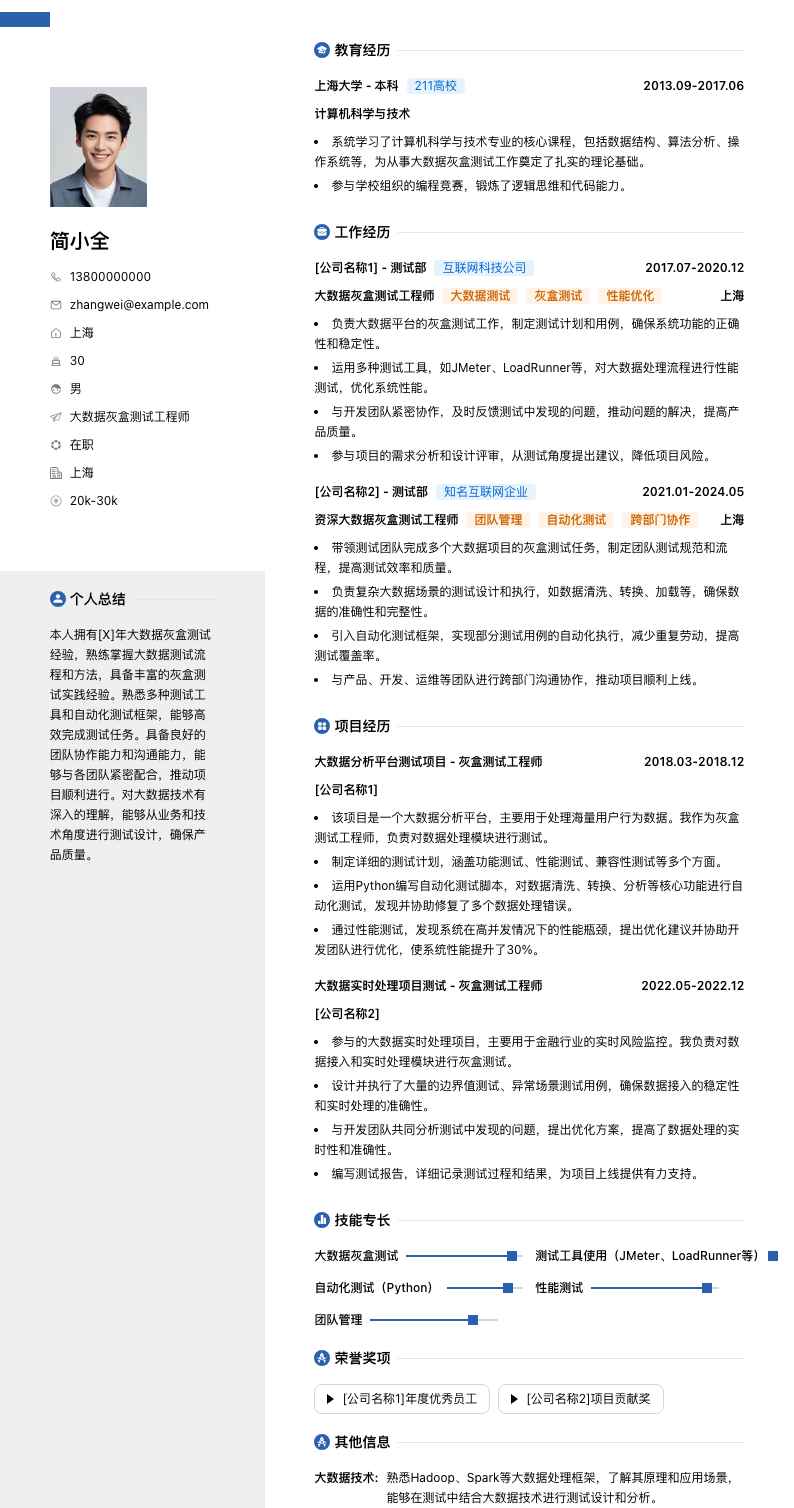 大数据灰盒测试工程师简历模板