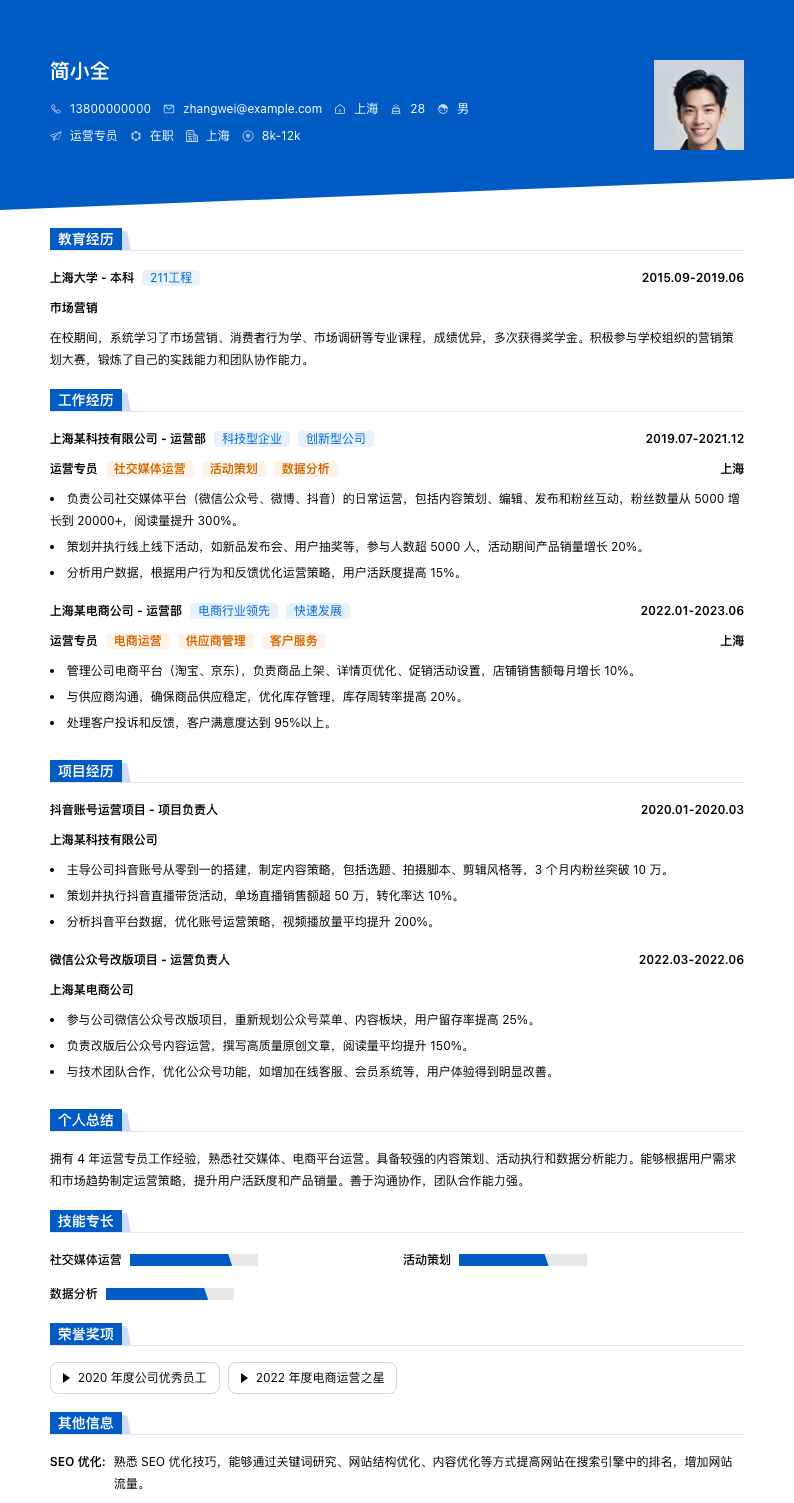 运营专员简历模板