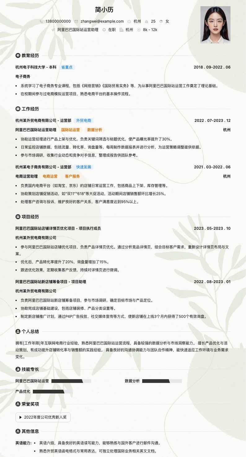 阿里巴巴国际站运营助理简历模板