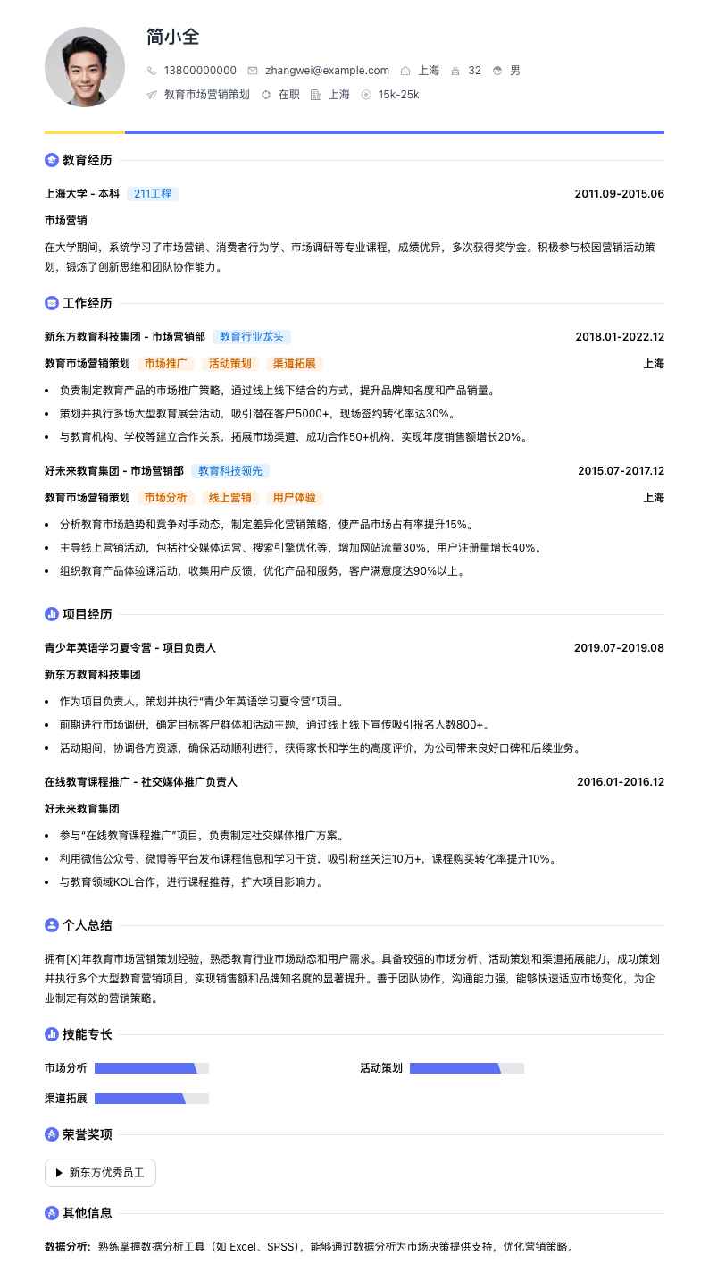 教育市场营销策划简历模板