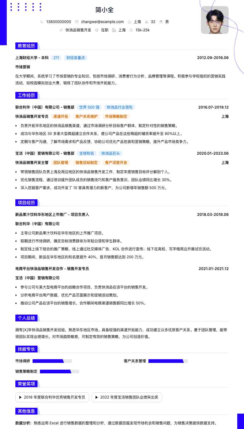 快消品销售简历模板