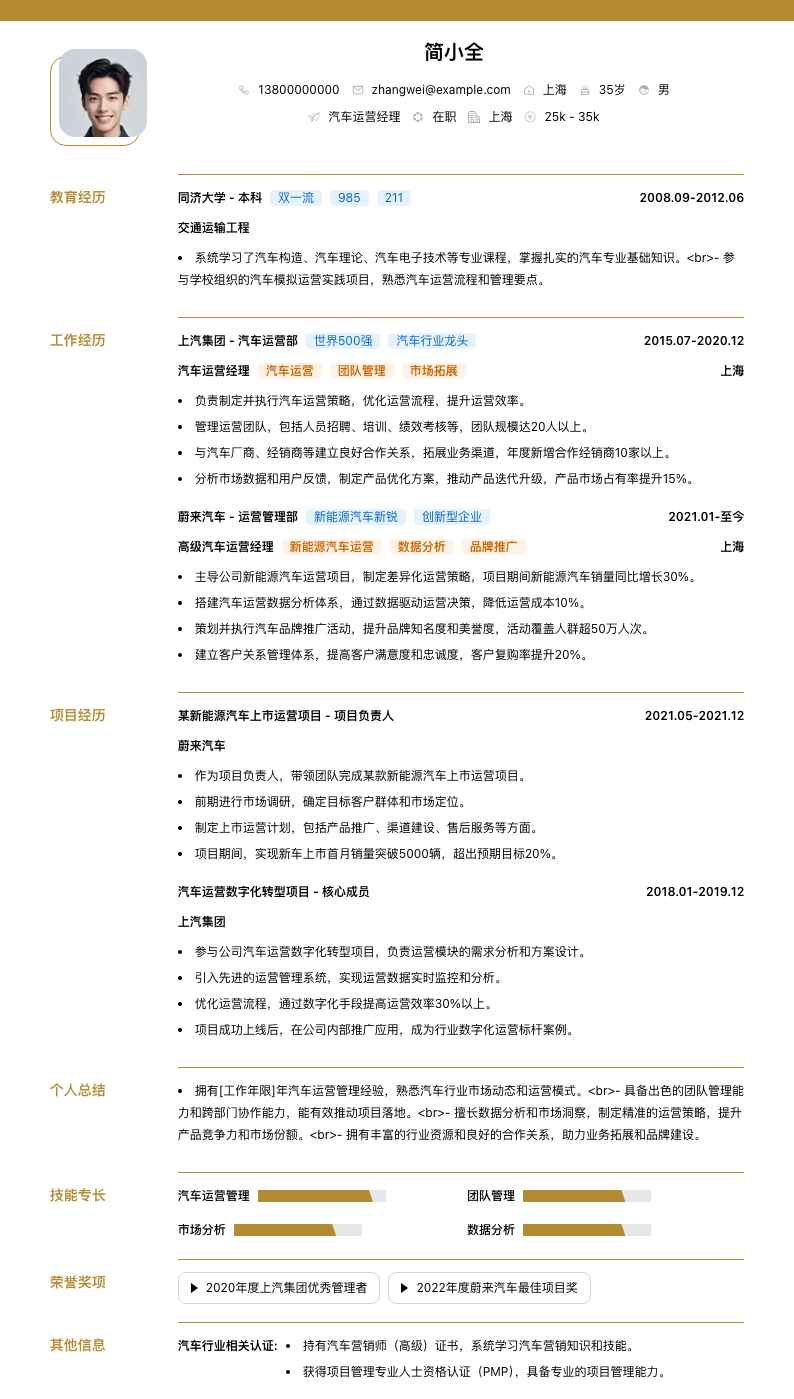 汽车运营经理简历模板