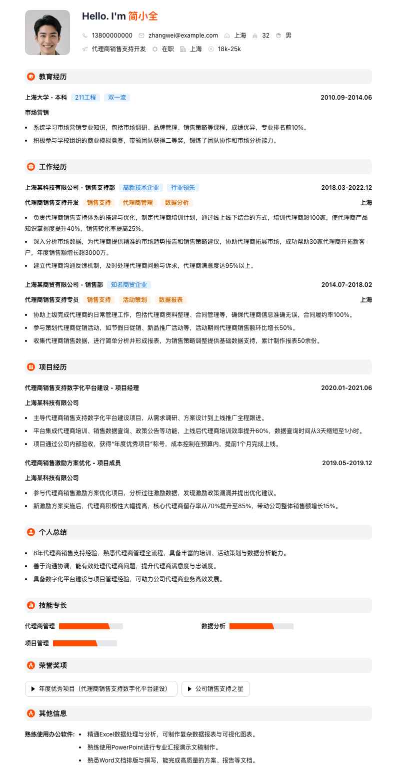 代理商销售支持简历模板