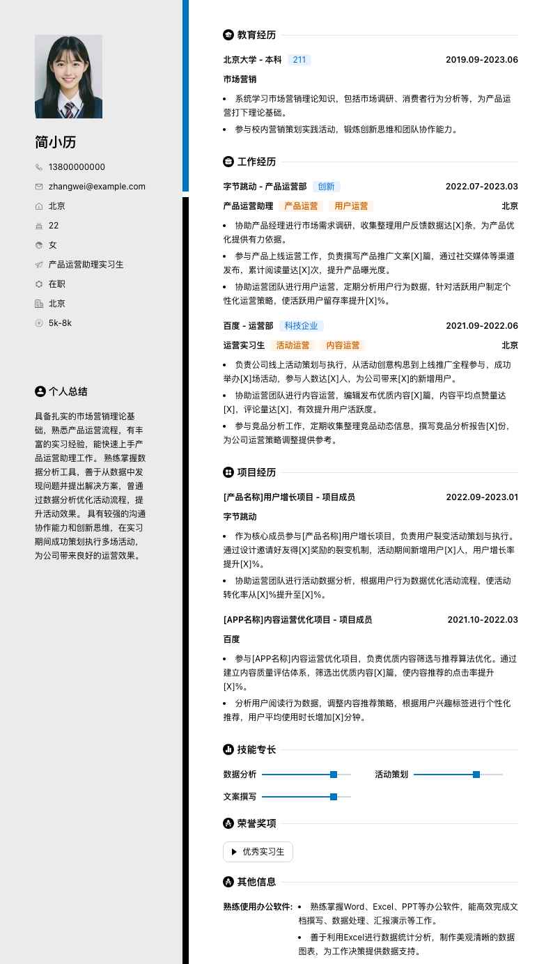 产品运营助理实习生简历模板