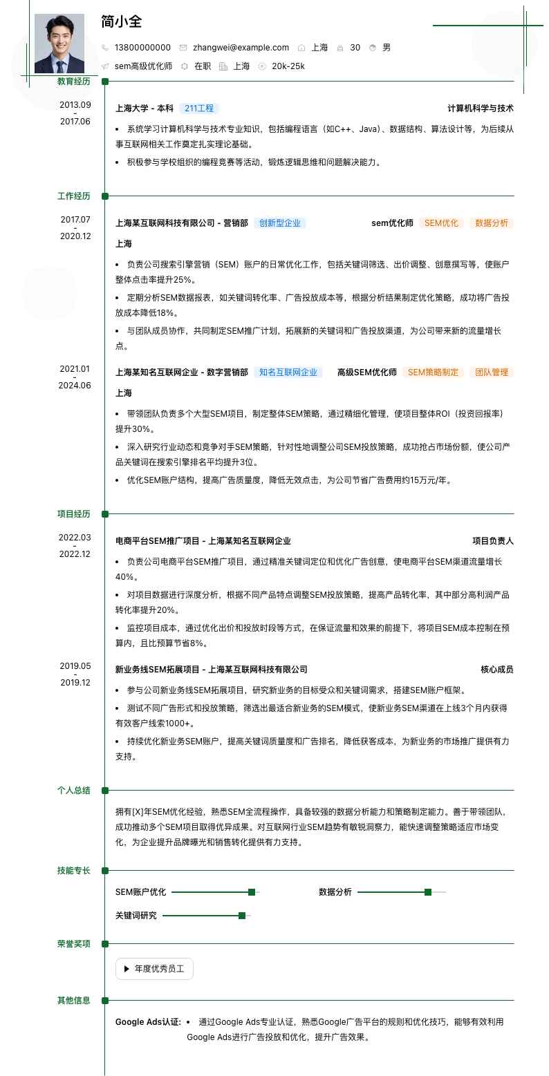 sem高级优化师简历模板
