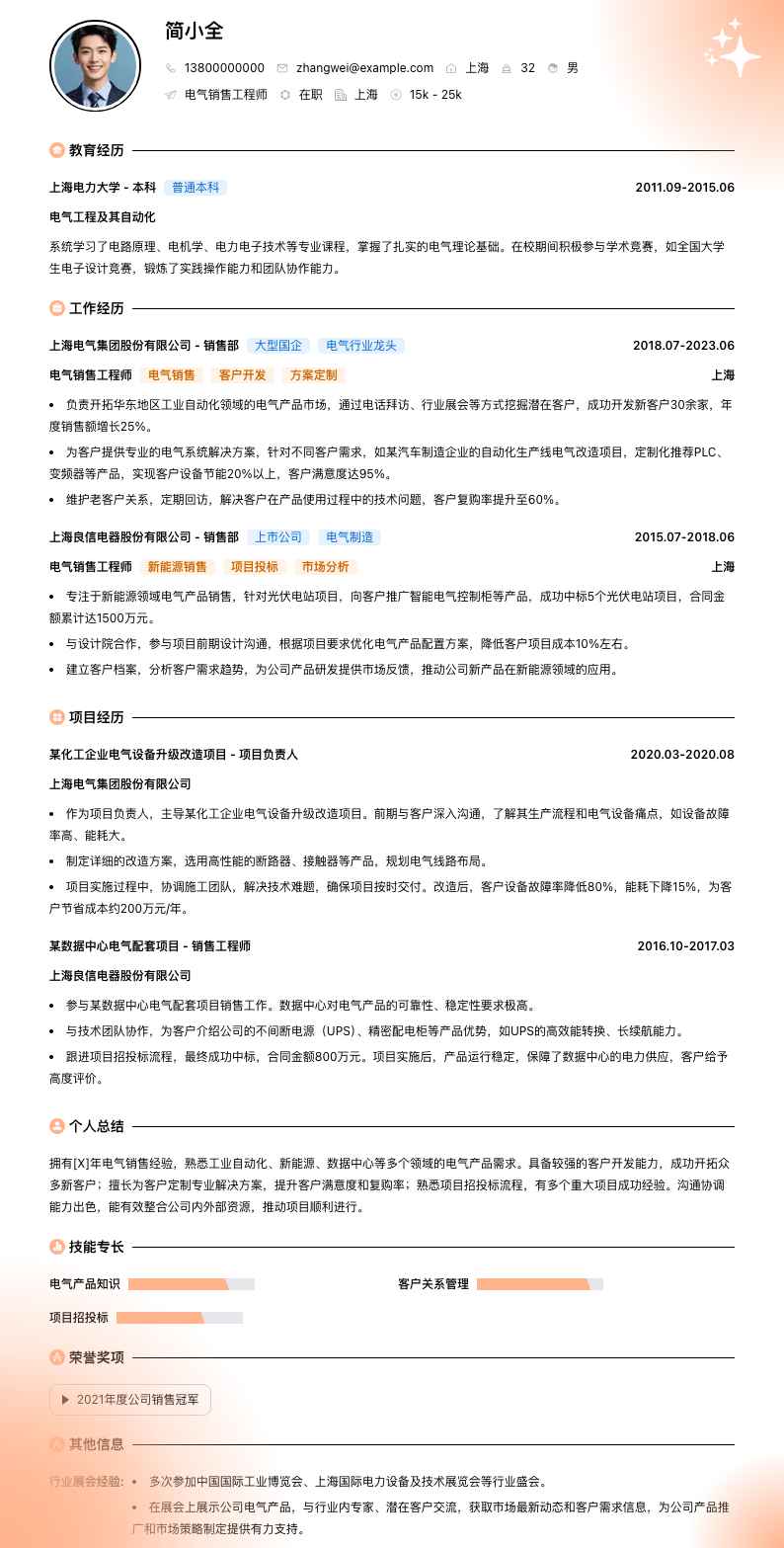 电气销售工程师简历模板