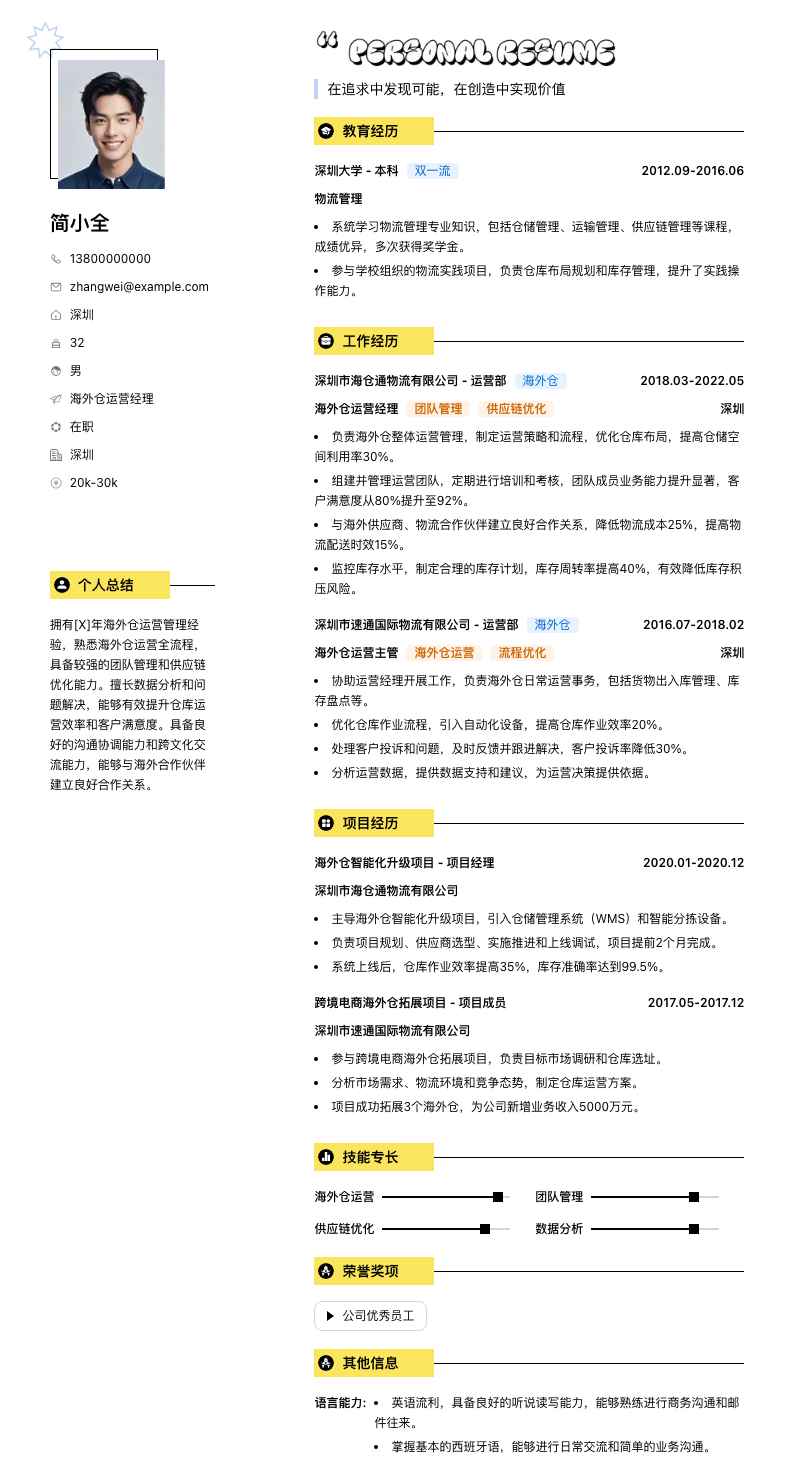 海外仓运营经理简历模板