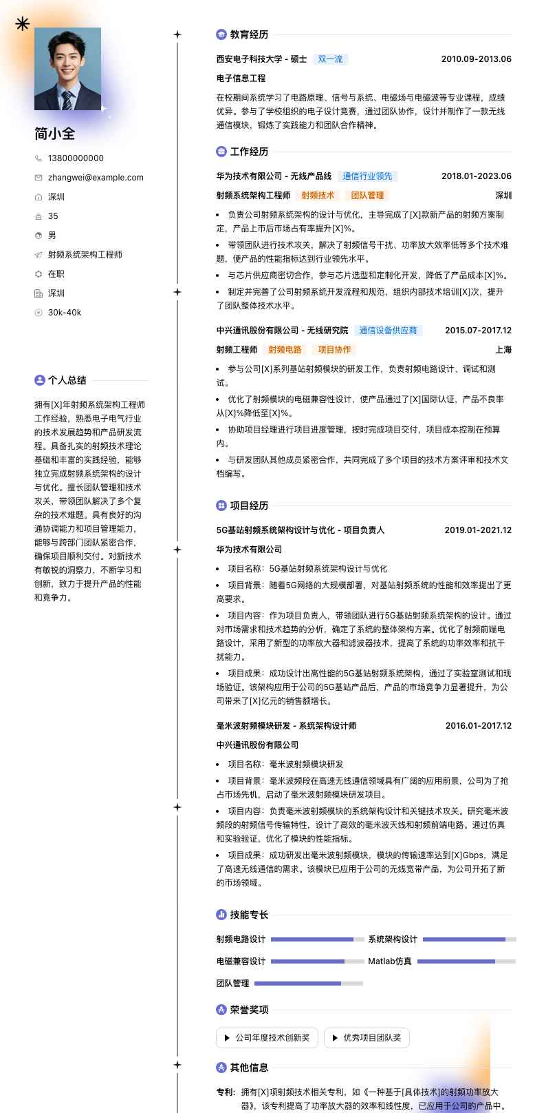 射频系统架构工程师简历模板