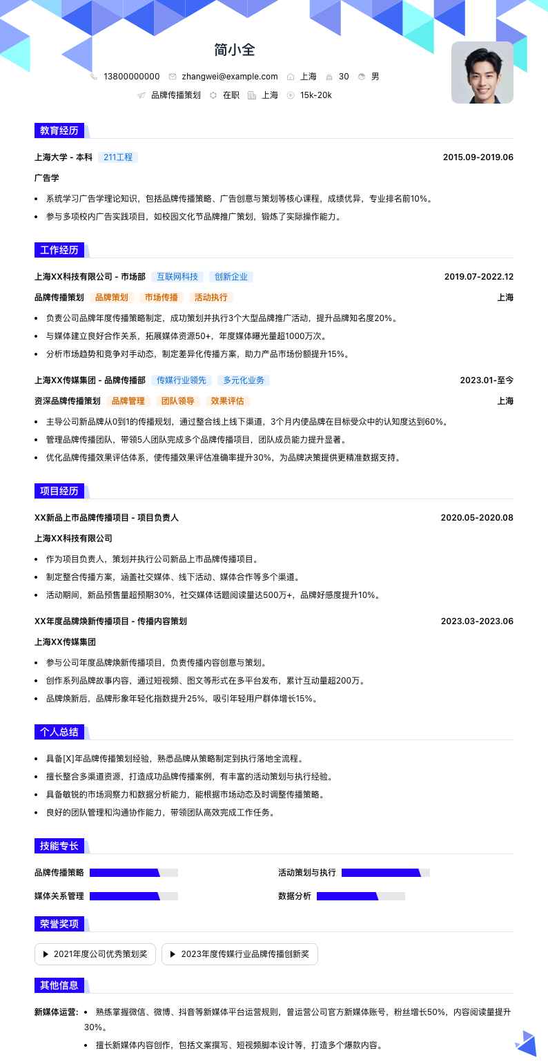 品牌传播策划简历模板