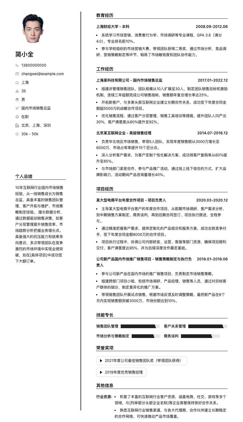 国内市场销售总监简历模板