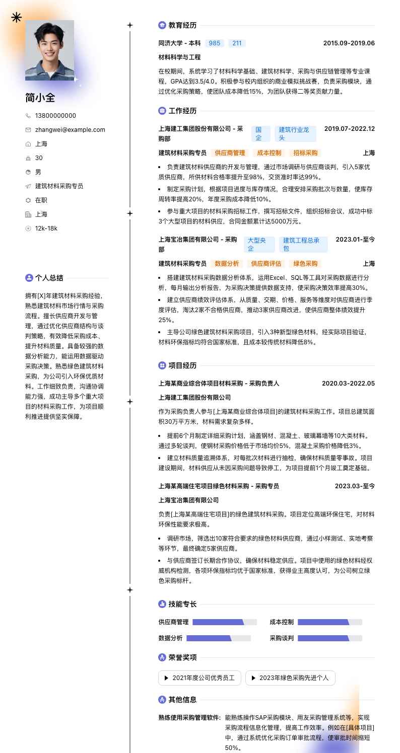 建筑材料采购专员简历模板