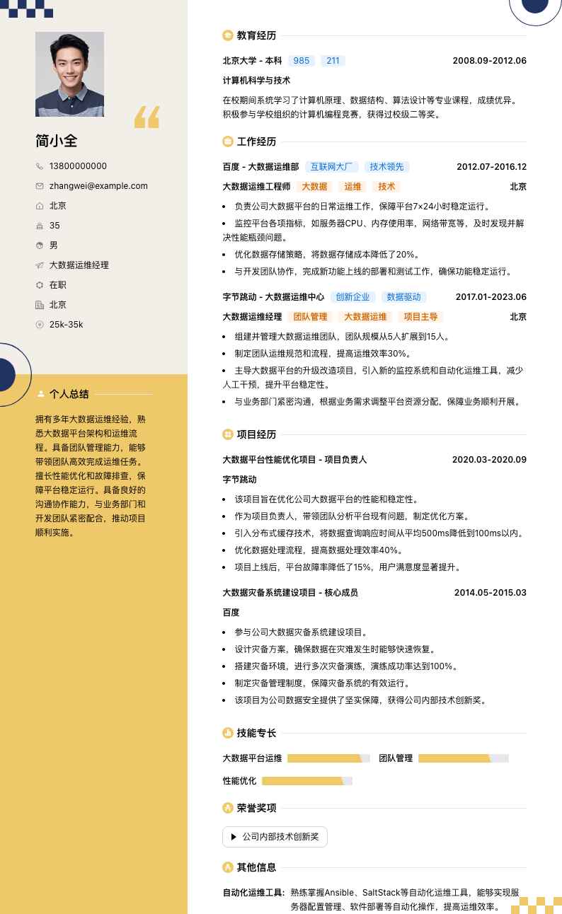 大数据运维经理简历模板