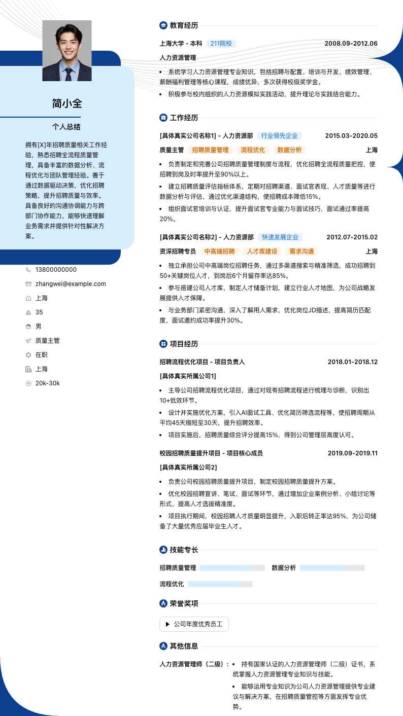 招聘质量主管简历模板