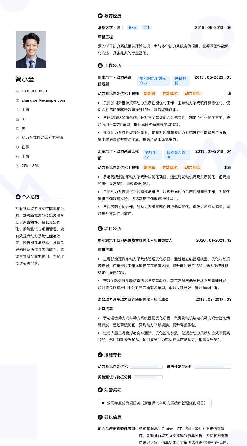 动力系统性能优化工程师简历模板
