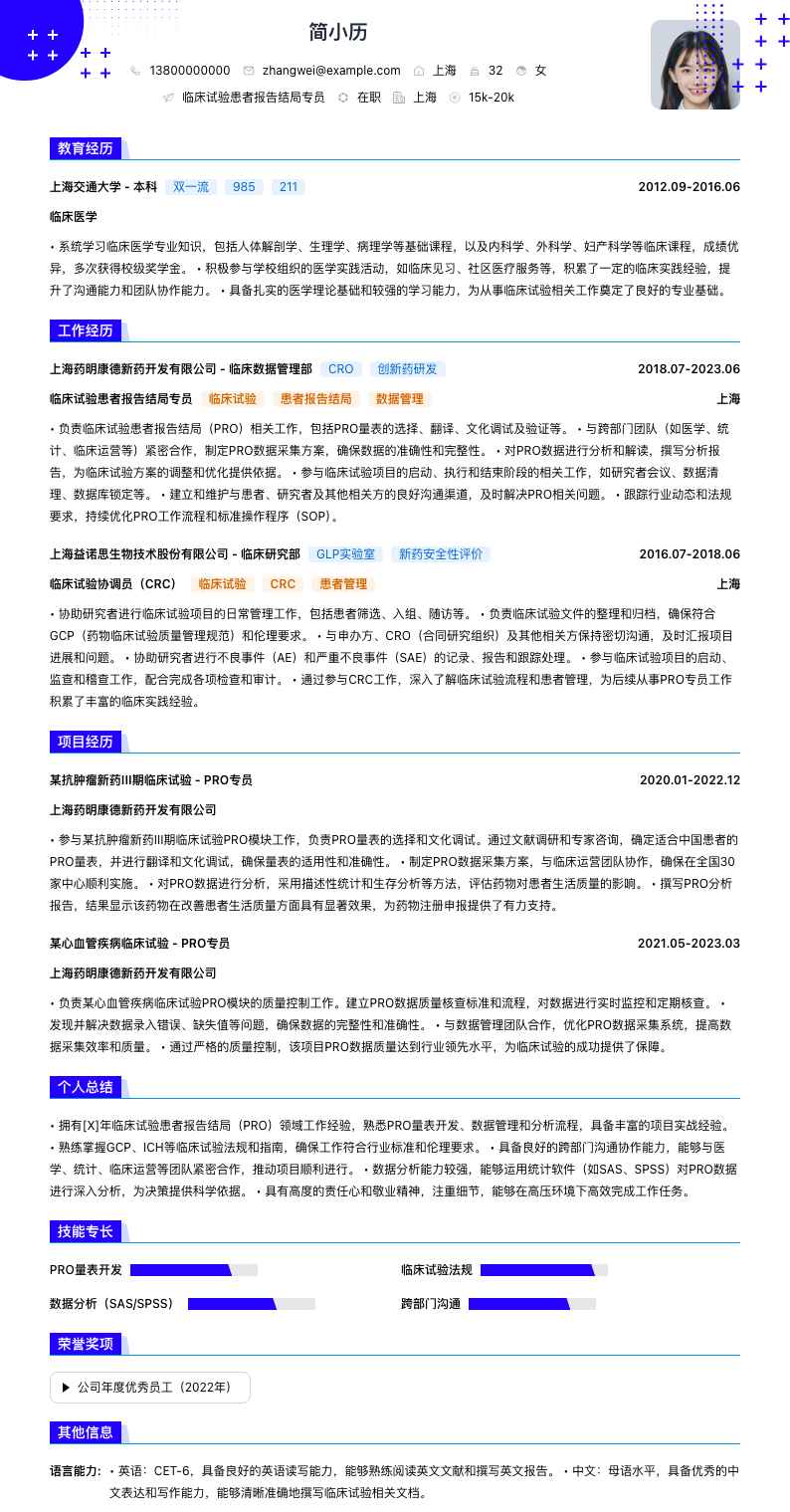 临床试验患者报告结局专员简历模板